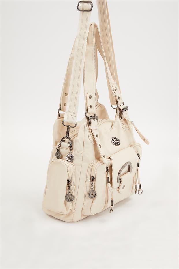 Beyaz Çok Gözlü Deri Omuz Çantası