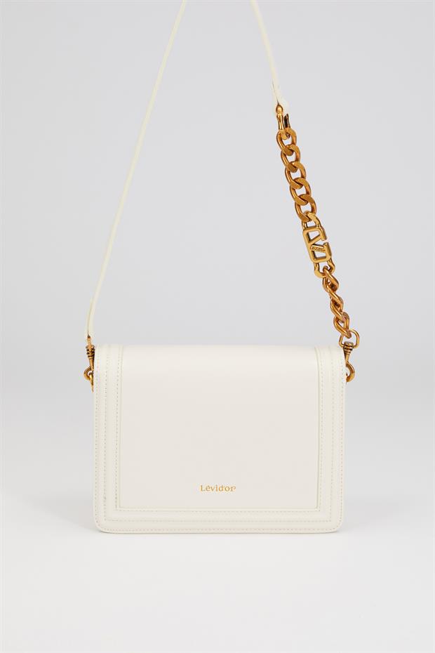 Beyaz Deri Zincir Askılı Omuz Çantası