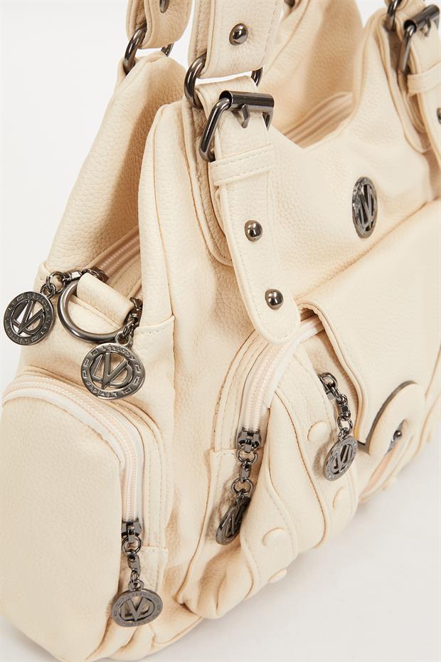 Beyaz Zımba Kemer Askılı Omuz Çantası