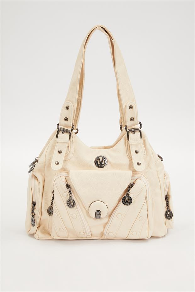 Beyaz Zımba Kemer Askılı Omuz Çantası