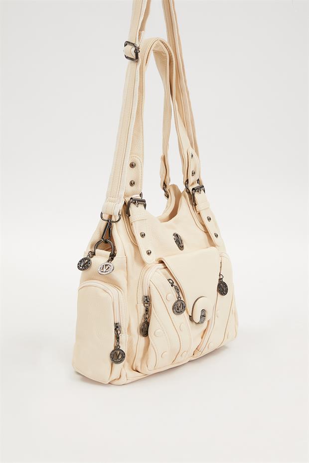 Beyaz Zımba Kemer Askılı Omuz Çantası