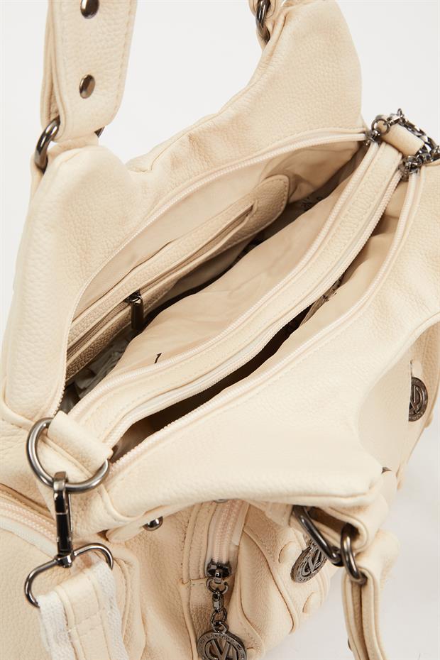 Beyaz Zımba Kemer Askılı Omuz Çantası