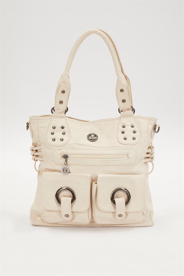 Beyaz Kuş Gözü Detaylı Omuz Çantası