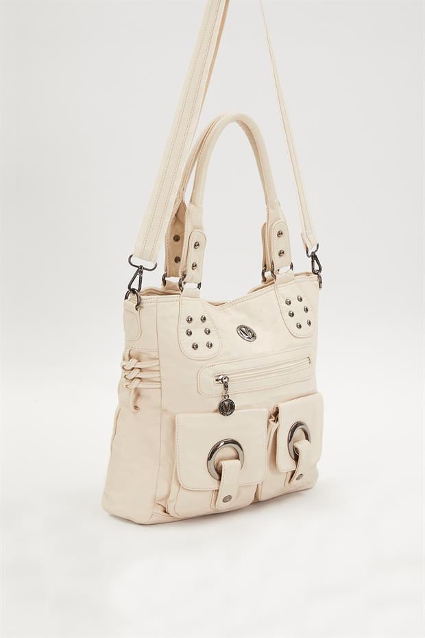 Beyaz Kuş Gözü Detaylı Omuz Çantası