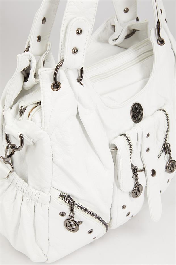 Beyaz Metal Zımba Detaylı Omuz Çantası