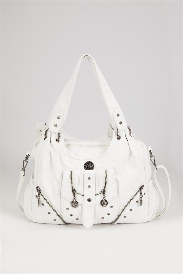 Beyaz Metal Zımba Detaylı Omuz Çantası