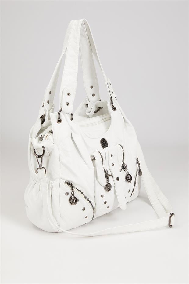 Beyaz Metal Zımba Detaylı Omuz Çantası