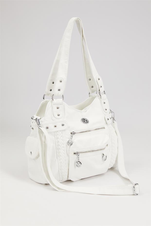 Beyaz Çok Bölmeli Örgü Detay Omuz Çantası