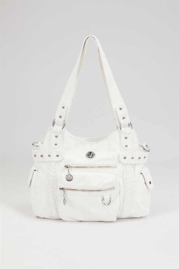 Beyaz Çok Bölmeli Örgü Detay Omuz Çantası