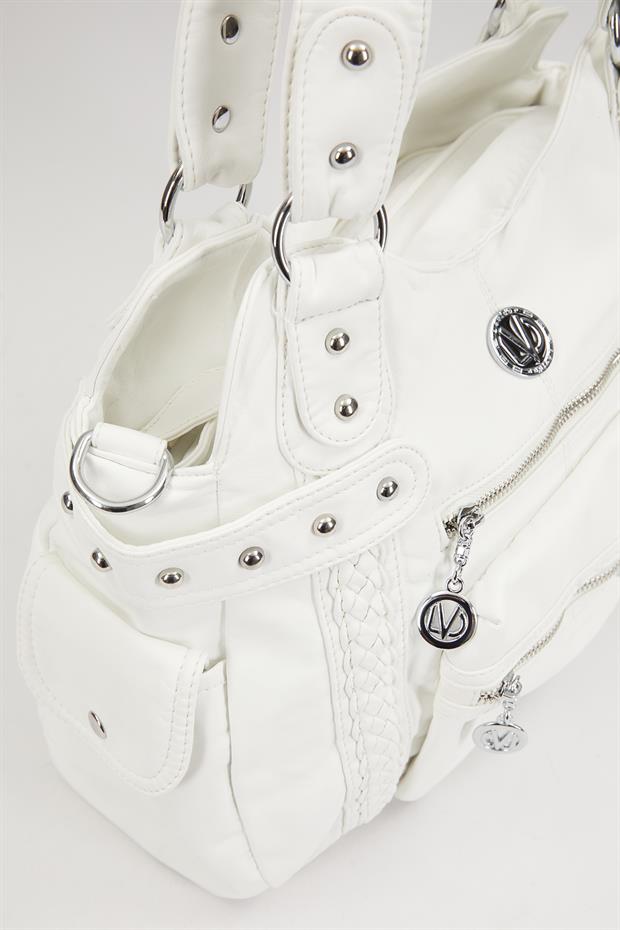 Beyaz Çok Bölmeli Örgü Detay Omuz Çantası