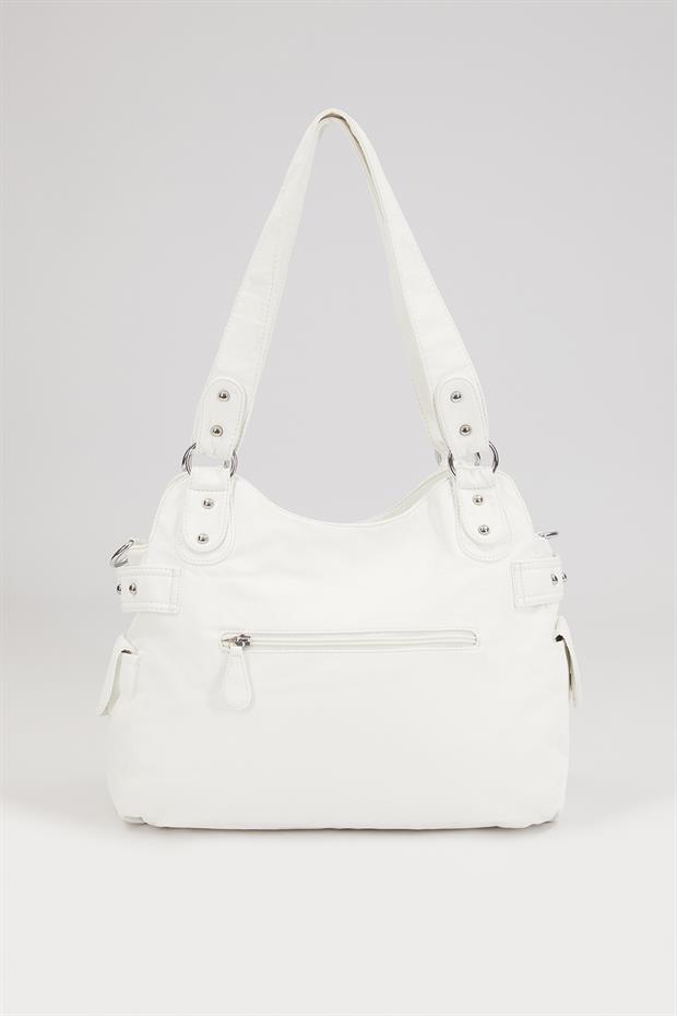 Beyaz Çok Bölmeli Örgü Detay Omuz Çantası