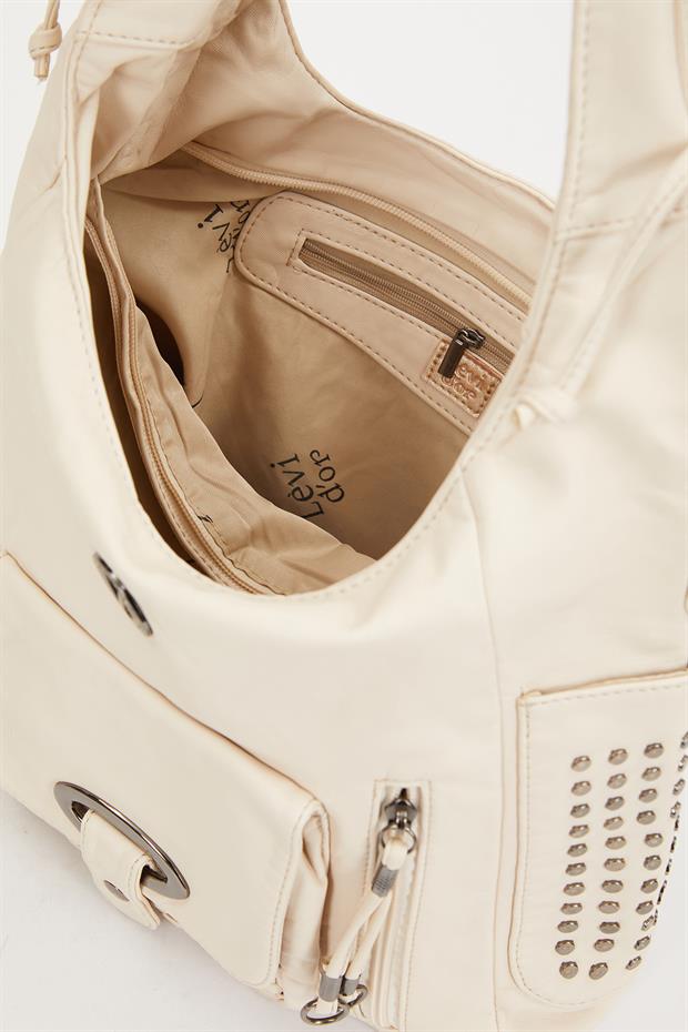 Beyaz Yanları Zımbalı Omuz Çantası