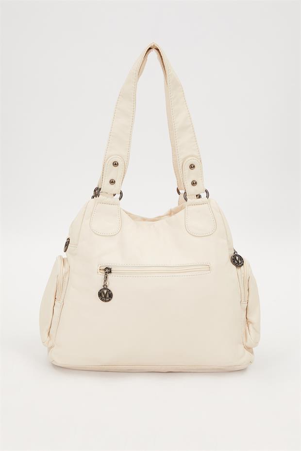 Beyaz Metal Zımba Detay Omuz Çantası