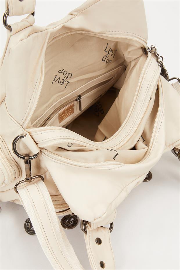 Beyaz Metal Zımba Detay Omuz Çantası