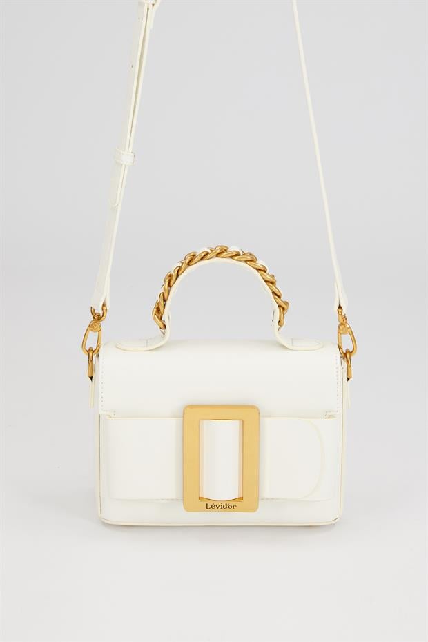 Beyaz Zincir İşlemeli El Çantası