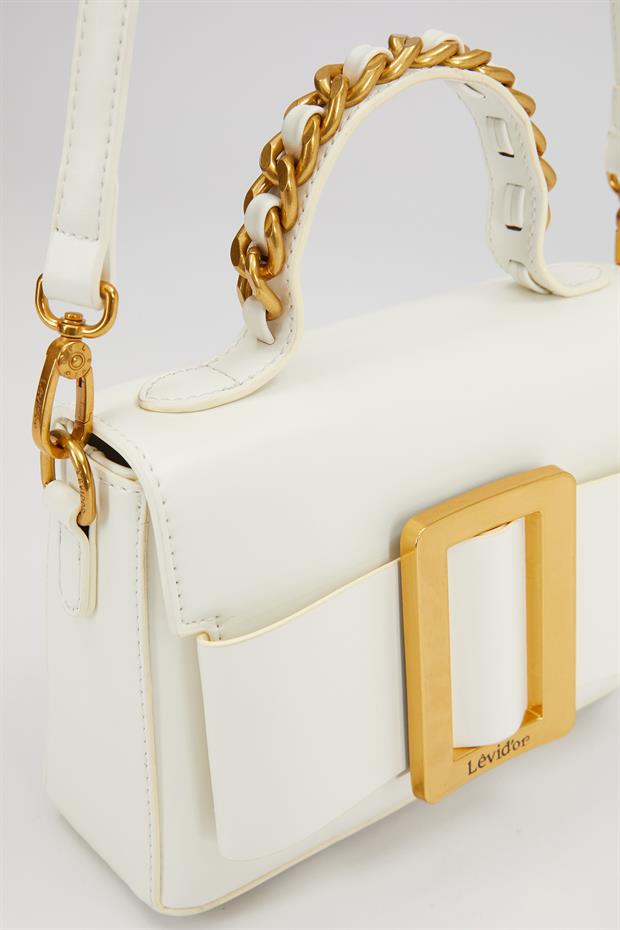 Beyaz Zincir İşlemeli El Çantası