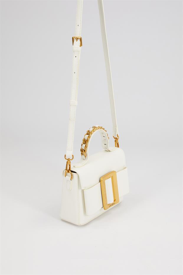 Beyaz Zincir İşlemeli El Çantası