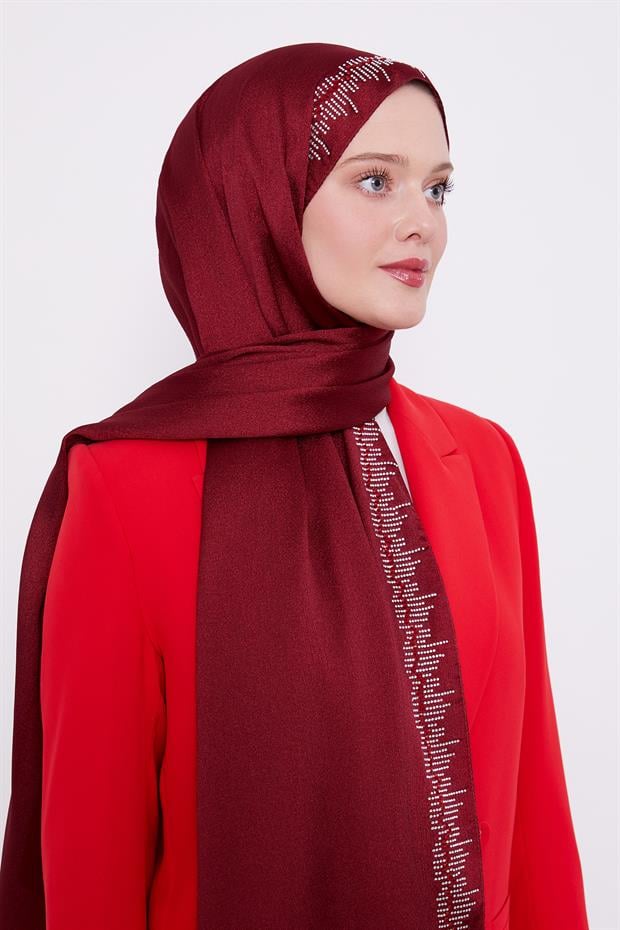 Bordo Çubuk Şeritli Diamond Şal