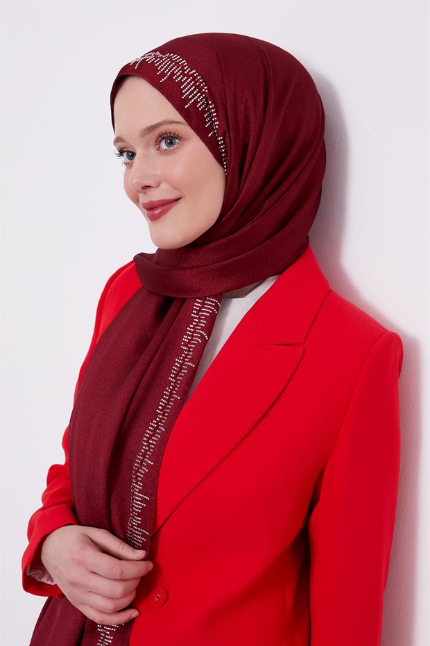 Bordo Çubuk Şeritli Diamond Şal