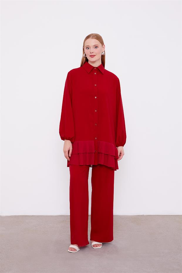 Bordo Eteği Pileli Gömlek Yaka Tunik Takım