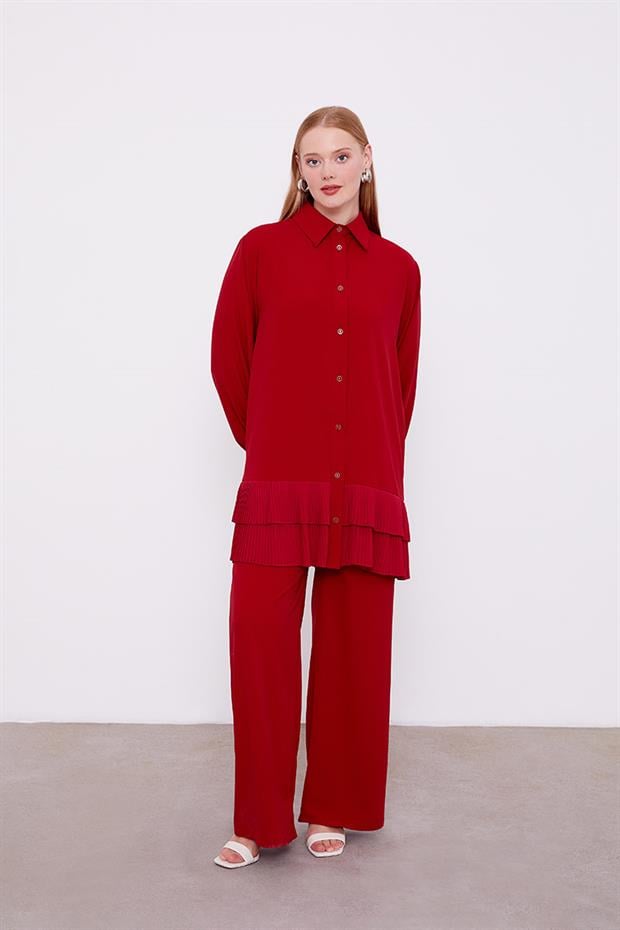 Bordo Eteği Pileli Gömlek Yaka Tunik Takım