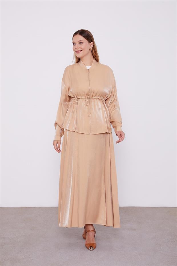 Camel Beli Büzülebilen Saten Etekli Takım