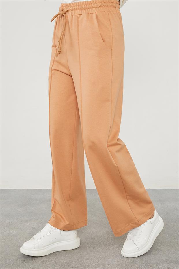 Camel Beli Lastikli Kuşgözü Detaylı Pantolon