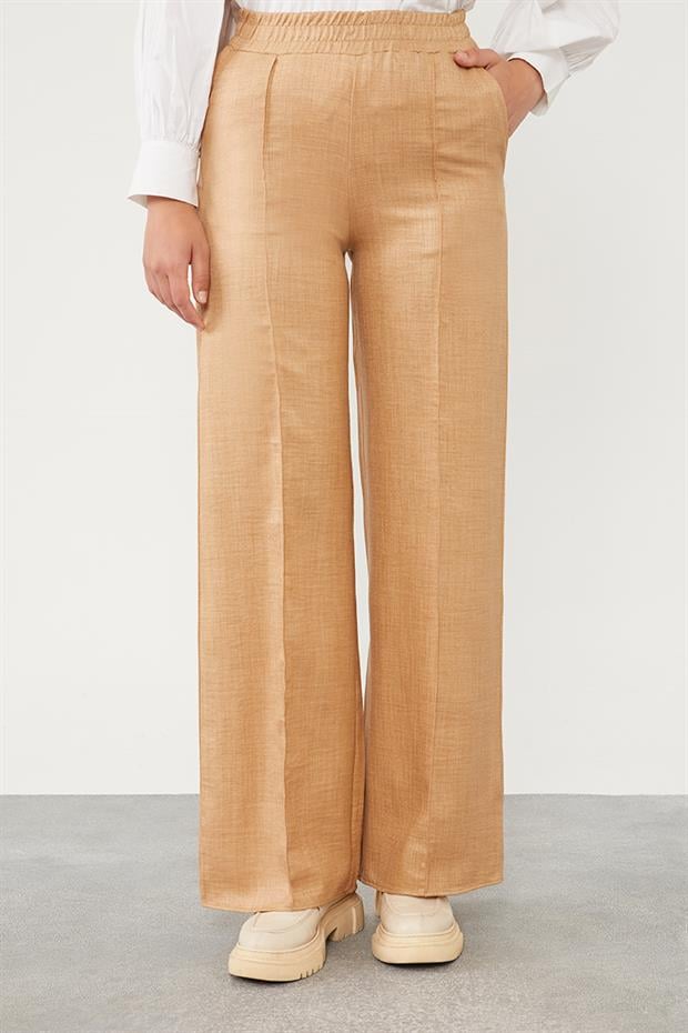 Camel Belli Lastikli Çizgi Detay Pantolon