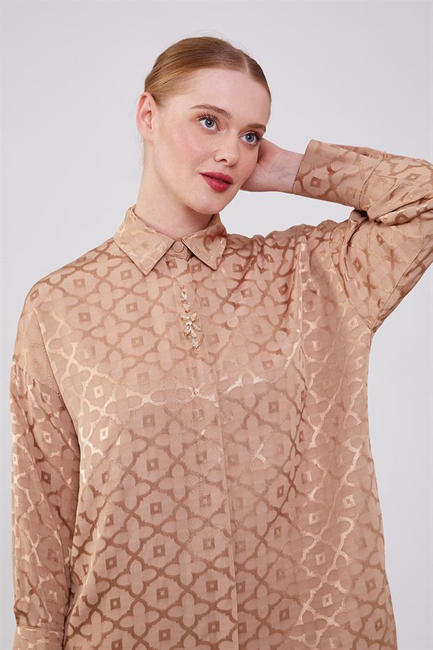 Camel Çiçek Desen Jakarlı İkili Takım