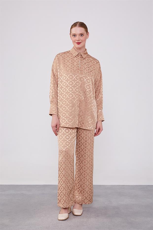 Camel Çiçek Desen Jakarlı İkili Takım