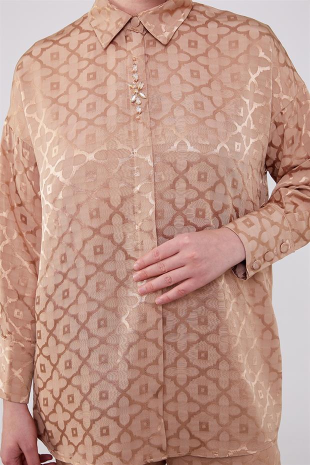 Camel Çiçek Desen Jakarlı İkili Takım