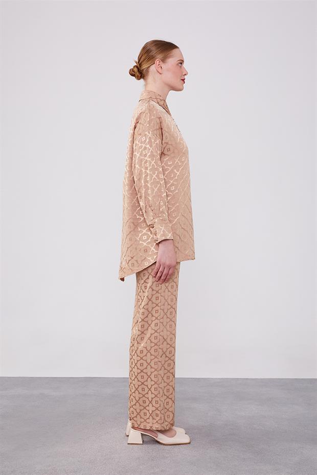 Camel Çiçek Desen Jakarlı İkili Takım