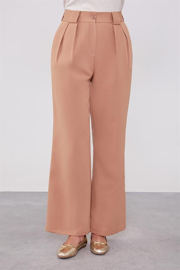 Camel Çift Pileli Kumaş Pantolon