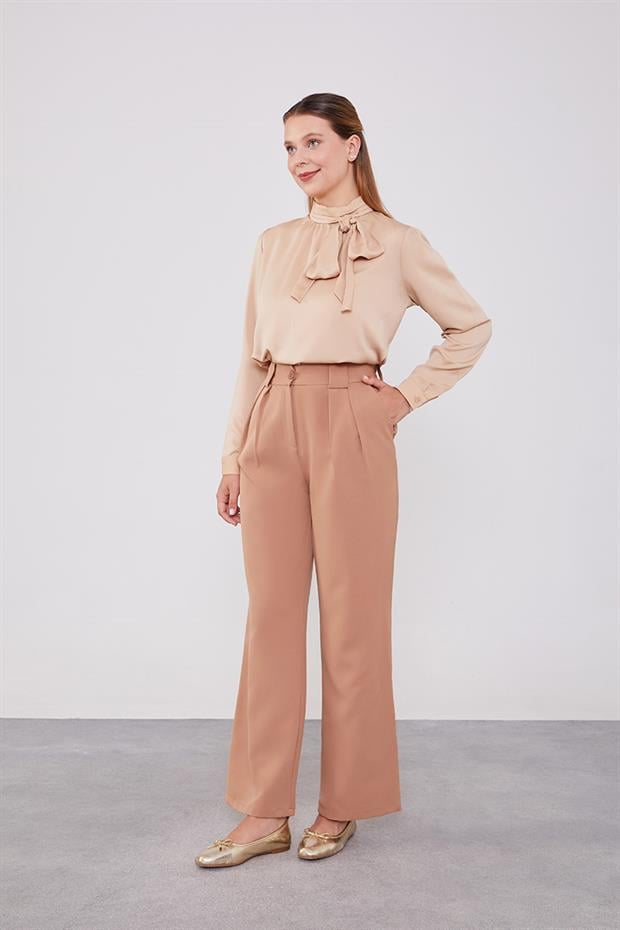 Camel Çift Pileli Kumaş Pantolon