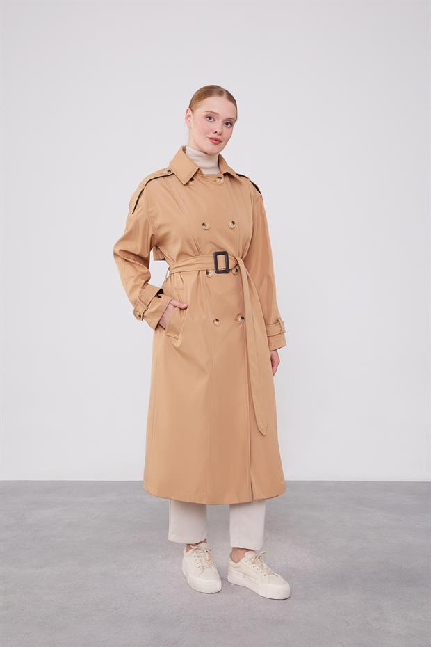 Camel Düğme Kapamalı Trençkot