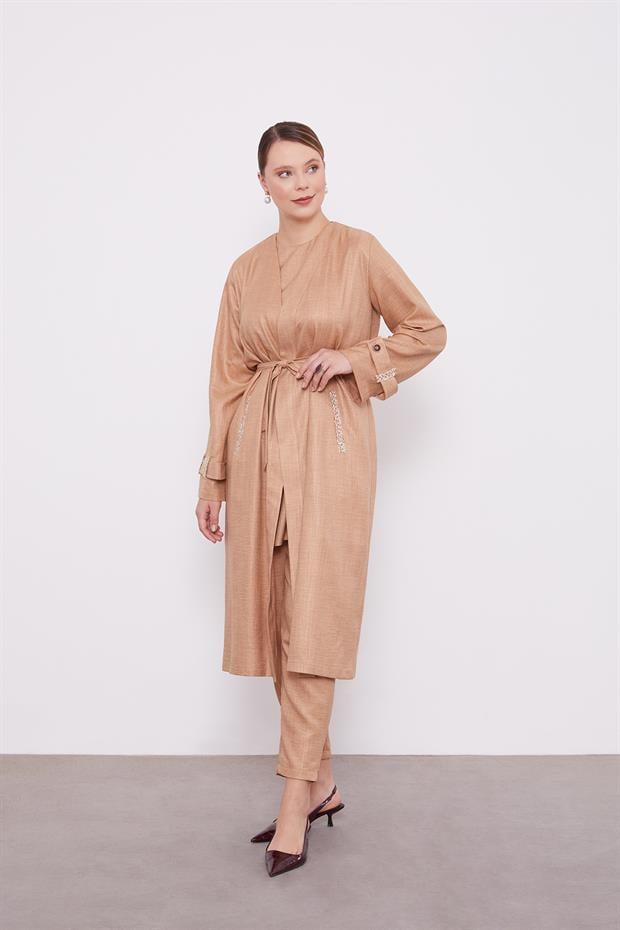 Camel İşlemeli  Melanj Kimono Üçlü Takım