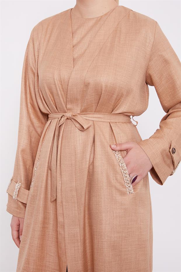 Camel İşlemeli  Melanj Kimono Üçlü Takım