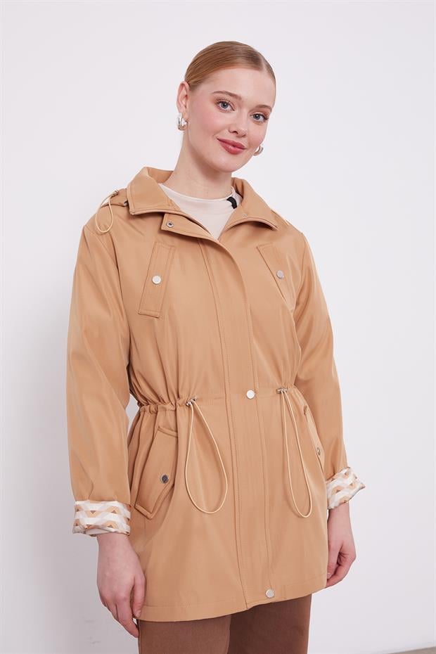 Camel Kapüşonlu Beli İp Detaylı Kap