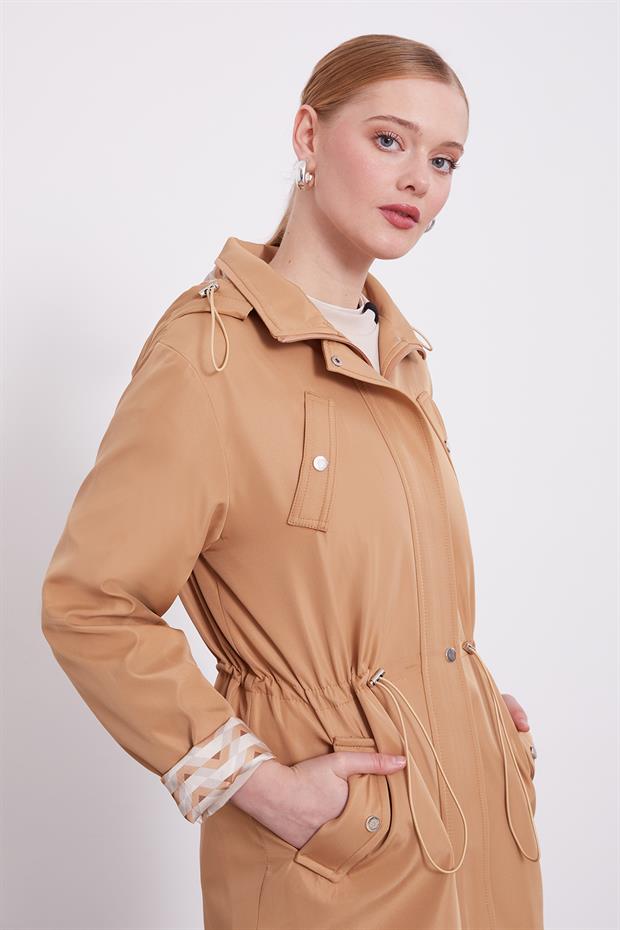 Camel Kapüşonlu Beli İp Detaylı Kap