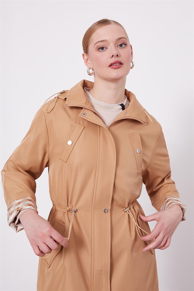 Camel Kapüşonlu Beli İp Detaylı Kap