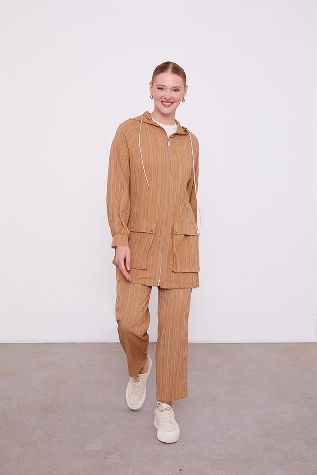 Camel Kapüşonlu Fermuarlı Pantolon Takım