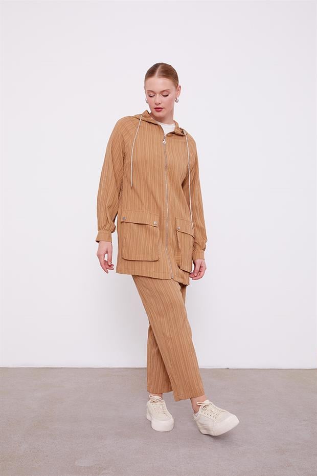 Camel Kapüşonlu Fermuarlı Pantolon Takım