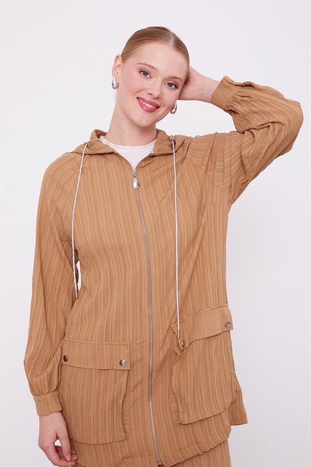 Camel Kapüşonlu Fermuarlı Pantolon Takım