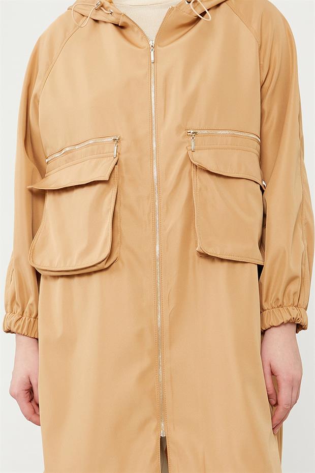 Camel Kapüşonlu Fermuar Kapama Trençkot