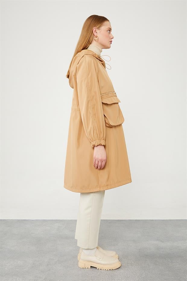 Camel Kapüşonlu Fermuar Kapama Trençkot