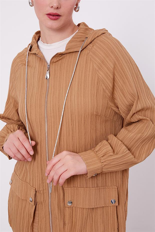 Camel Kapüşonlu Fermuarlı Pantolon Takım