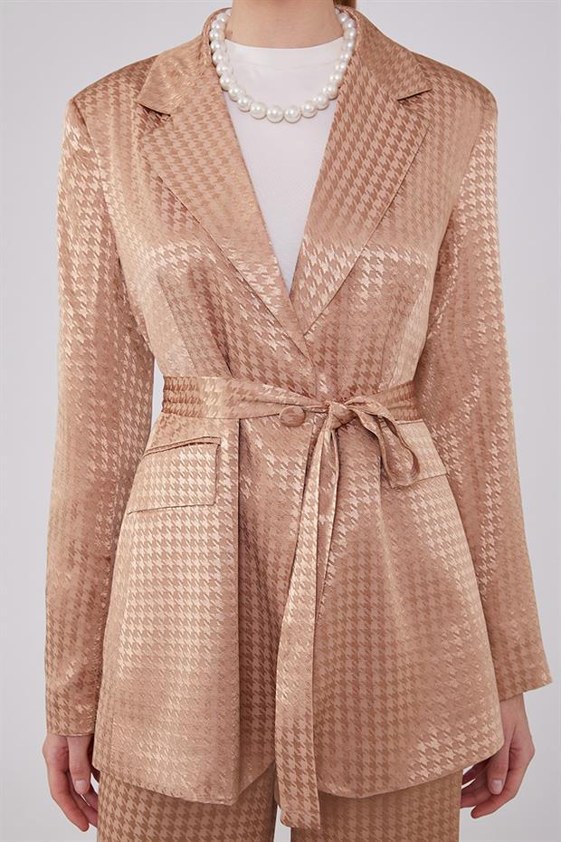 Camel Kazayağı Desen Jakarlı Ceket Takım