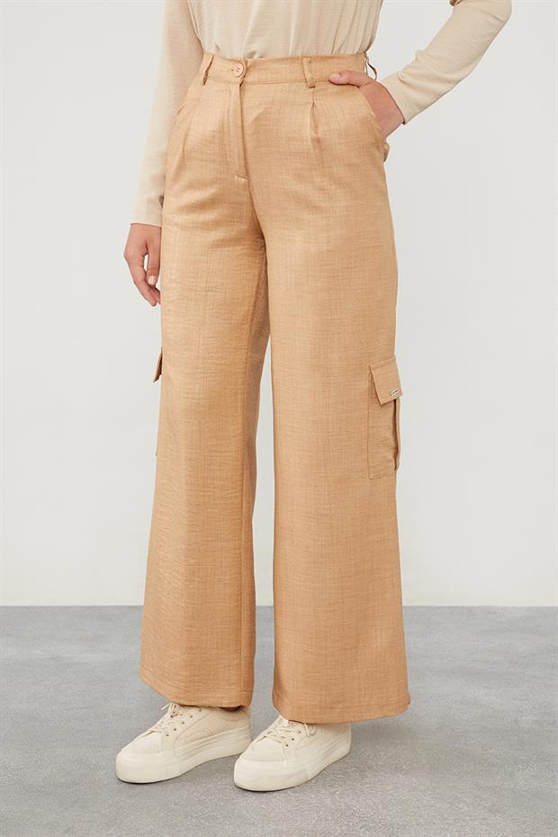 Camel Keten Kargo Pantolon