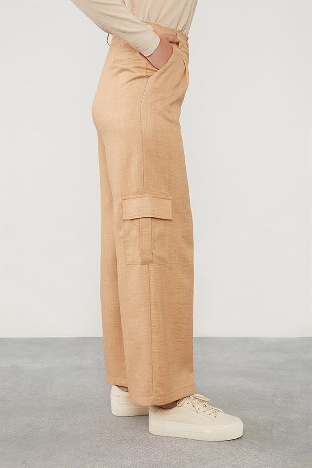 Camel Keten Kargo Pantolon