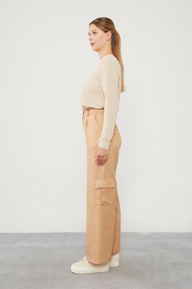 Camel Keten Kargo Pantolon